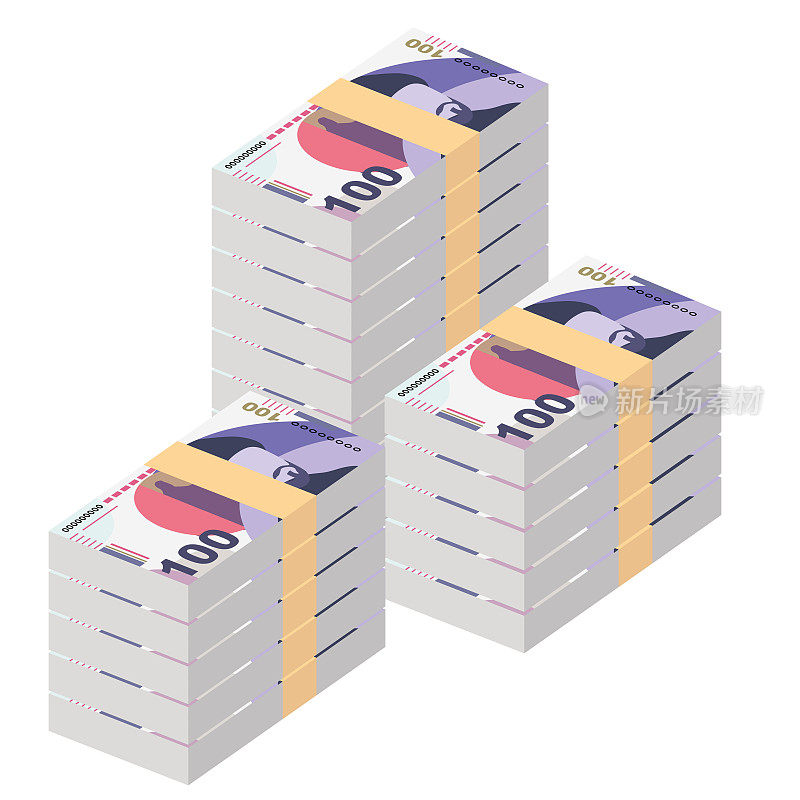 格鲁吉亚拉里矢量插图。格鲁吉亚货币集捆钞票。纸币100 GEL。平的风格。孤立在白色背景上。简单的最小设计。